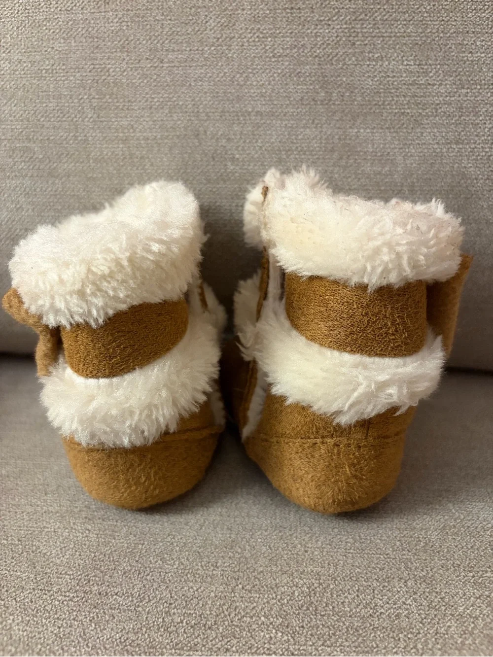 Cozy Faux-Suede Baby Booties with Fur Trim and Bow - Camel